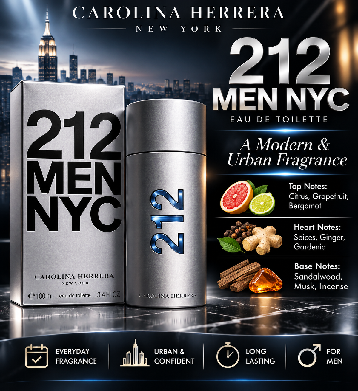 Carolina Herrera 212 Men Eau de Toilette – Fresh, Woody & Masculine Fragrance